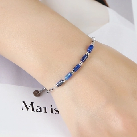 Stainless Steel Paperclip Chain Bracelet With Natural Tiger Eye And Lapis Lazuli Cylindrical Beads Adjustable For Women