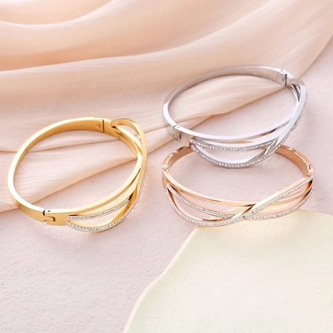 Lussuoso Bracciale Rigido In Acciaio Inossidabile Con Strass Incrociati Per Donna Elegante Bracciale Con Strass Pavé Gioielli