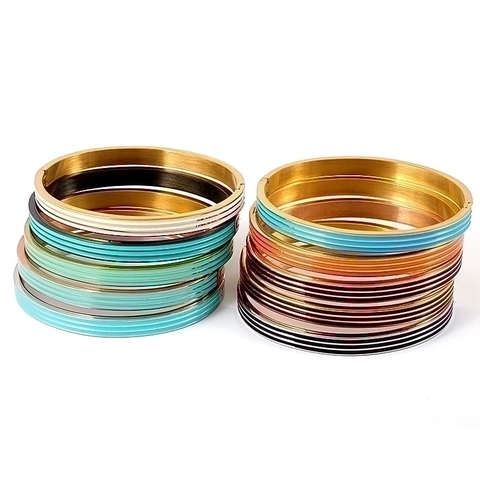Enamel Stainless Steel Hinged Bangle Three Parallel Stripes Oval Geometric Bracelet For Women Men Elegant