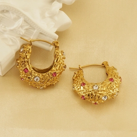 European American 18K Gold Plated Stainless Steel Rhinestone Hoop Earrings French Vintage U-Shaped Textured Earrings For Women