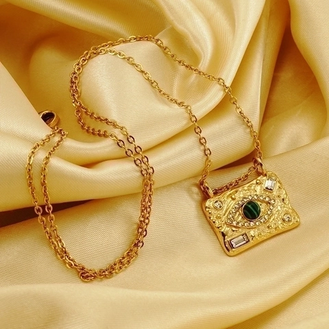 Evil Eye Anhänger Halskette Edelstahl 18K Vergoldet Rechteck Malachit Zirkon Vintage Schmuck Für Damen