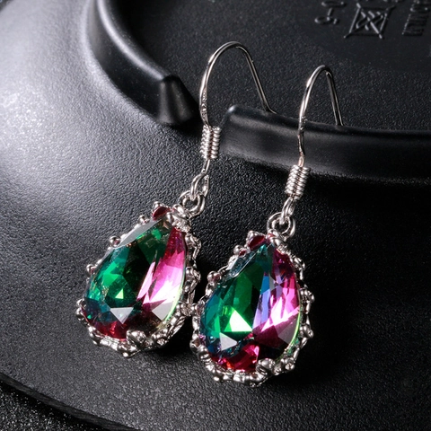 Orecchini Pendenti Vintage Goccia D'acqua Cristallo Arcobaleno Intarsiato Perno In Argento Rame Motivo Floreale Cavo Gioielli Donna