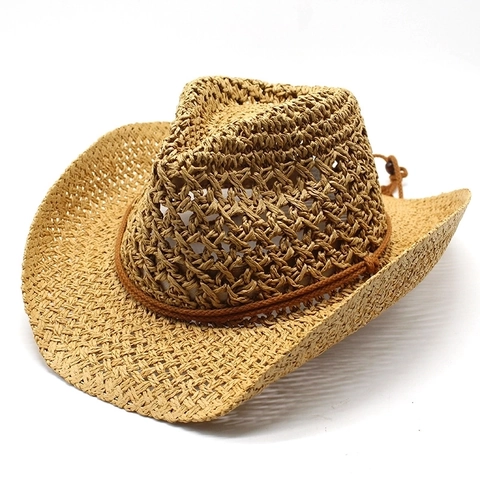 Sombrero De Vaquero Western Transpirable Paja Hueca Protección Solar Ala Ancha Playa Con Cuerda Ajustable