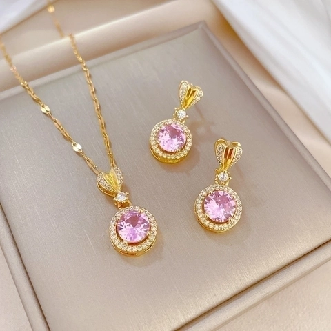 Pink Zircon Round Pendant Necklace And Heart Earrings Silver Earring Post Gold Plated Titanium Steel Jewelry For Women