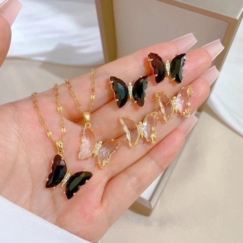 Vlinder Ketting En Oorbellen Titaniumstaal Koper Verguld Kristal Zirkon Met Zilveren Oorbelpost Elegant Vrouwen Banket