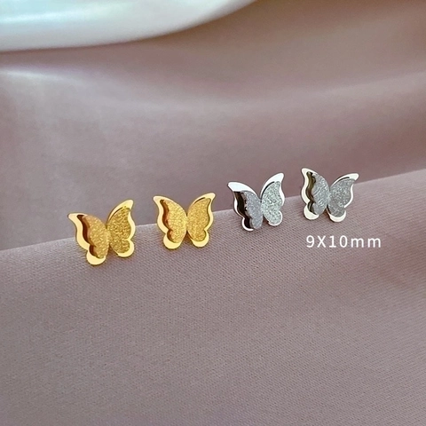 Butterfly Stud Earrings Titanium Steel Double Layer Matte Frosted Minimalist Geometric Jewelry For Women Men
