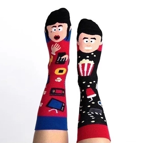 Fashion Novelty Asymmetrical Crew Socks Cotton Blend Cartoon Jacquard Pattern Unisex