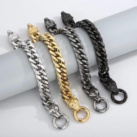 Pulsera De Doble Cabeza De Lobo Acero Inoxidable 316L Hombre Punk Joyería Vikinga Cadena Cubana Pesada Plata Antigua Oro Negro
