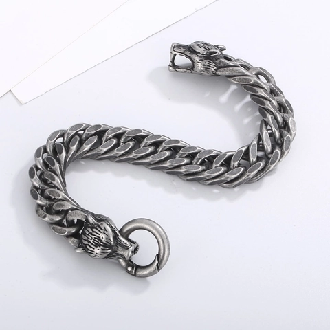 Pulsera De Doble Cabeza De Lobo Acero Inoxidable 316L Hombre Punk Joyería Vikinga Cadena Cubana Pesada Plata Antigua Oro Negro