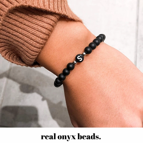 Matte Black Agate Initial Beaded Bracelet Natural Stone Letters Handwoven Adjustable Rope Jewelry For Couples Men Women