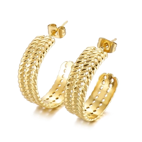 C-Förmige Creolen Aus Edelstahl Gold Plattiert Gedrehtes Weizenmuster Retro INS Minimalistischer Schmuck Für Damen
