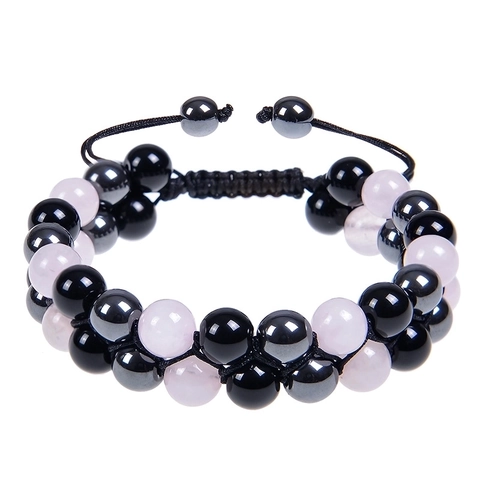 Natural Rose Quartz And Obsidian Hematite Braided Bracelet Double Layer Adjustable Healing Stone Jewelry For Women Men