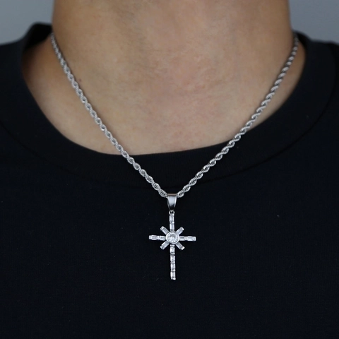 Collana Con Pendente A Croce In Rame Hip Hop Con Intarsio Di Zirconi Baguette Catena A Corda Gioielli Trendy