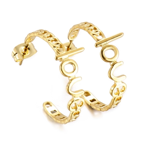 Stainless Steel Hoop Earrings With Hollow LOVE Letters And Cuban Link Texture Retro Minimalist Style For Women