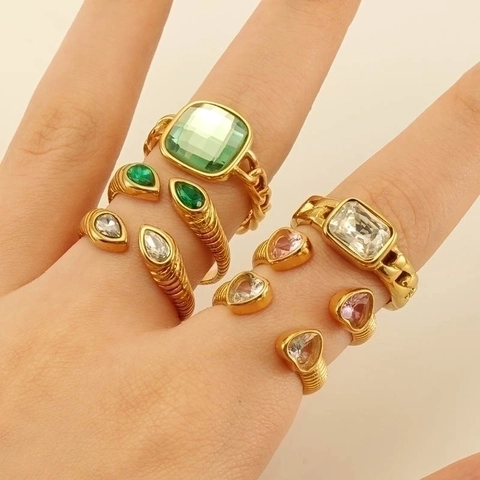 Fashion Adjustable Ring 18K Gold Plated Stainless Steel Geometric Zircon Heart Square Stone Jewelry For Women