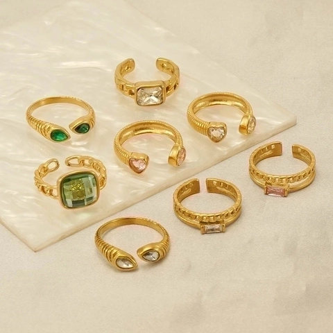 Fashion Adjustable Ring 18K Gold Plated Stainless Steel Geometric Zircon Heart Square Stone Jewelry For Women