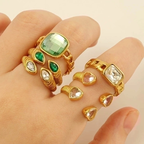 Stainless Steel Zircon Ring 18K Gold Plated Adjustable Open Vintage Finger Jewelry For Women