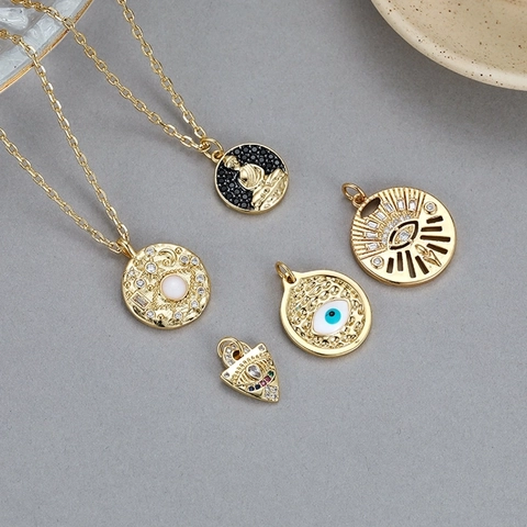 Pendentifs Charmes Ronds Cuivre Plaqué Or 14K Oeil Du Mal Bouddha Céleste Accessoires De Fabrication De Bijoux DIY Style Rétro