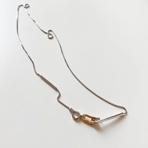 925 Sterling Silber Halskette Zweifarbig Ineinandergreifende Geometrische Ringe Boxkette Minimalistisch Schick Damen