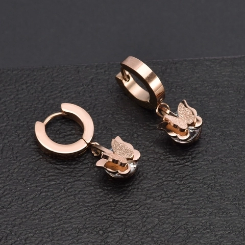 Pendientes Colgantes De Mariposa Acero De Titanio Chapado En Oro Rosa Mate Zirconia Estilo Simple Para Mujeres