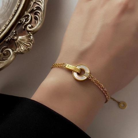 Double Layer Stainless Steel Bracelet With Mother Of Artificial Pearl Round Pendant Rhinestone Engraved For Women Gold Plated