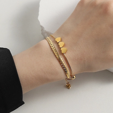 Minimalist Stainless Steel Layered Bracelet For Women Gold Plated Snake Chain With Heart Charms Fashion Jewelry Gift