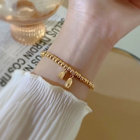Bracciale Con Perline Di Loto In Acciaio Al Titanio Placcato Oro 18K Ciondolo Tulipano Gioielli Eleganti Minimalisti Da Donna