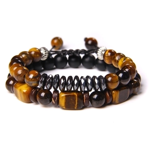Natural Tiger Eye Stone Black Agate Hematite Beaded Bracelet Retro Geometric Jewelry For Men Adjustable Woven Rope Vintage Style