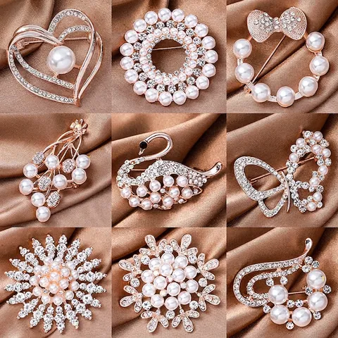 Elegant Alloy Brooch Pin With Faux Artificial Pearl And Rhinestone Flower Heart Animal Shapes For Women Coat Decoration