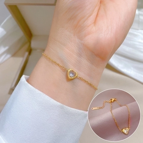 Fijne Hart Armband Titanium Staal Roestvrij Staal Hart Zirconia Bedel Minimalistische Sieraden Voor Dames