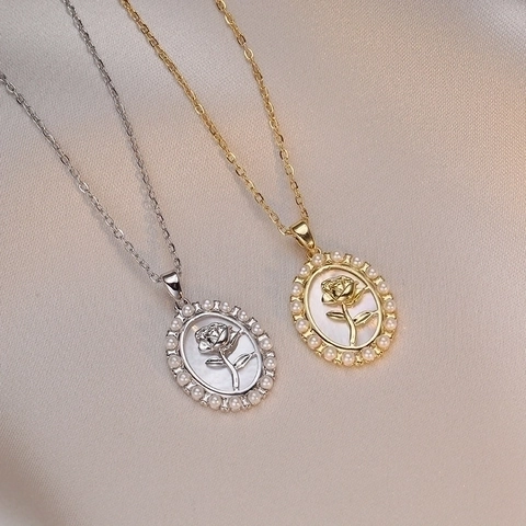 Vintage Rose Pendant Necklace Titanium Steel With Mother Of Freshwater Pearl And Freshwater Pearl French Style For Women