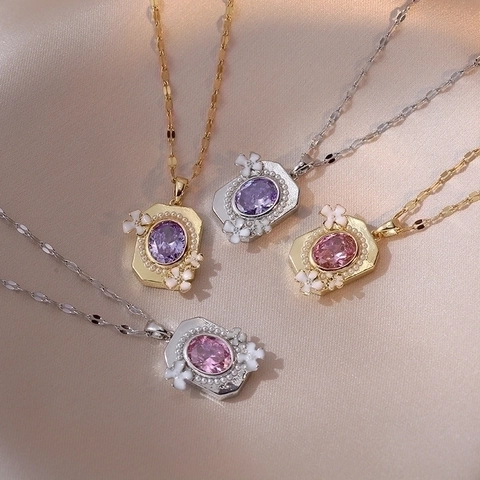 Collar con Colgante de Gema Floral de Acero de Titanio Vintage Con Perla Artificial Strass Cadena Joyería para Mujer