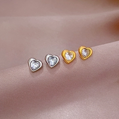 Heart Shaped Zircon Stud Earrings With Titanium Steel Minimalist Romantic Jewelry For Women