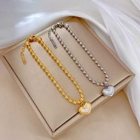 Heart Pendant Beaded Bracelet Stainless Steel Mother Of Artificial Pearl Inlay Elegant Jewelry For Women Extension Chain