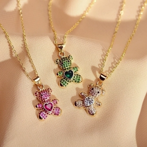 Süßer Bär Anhänger Halskette Kupfer Vergoldet Strass Eingelegt Herz Edelstein Schlüsselbeinkette Für Damen Mode Schmuck