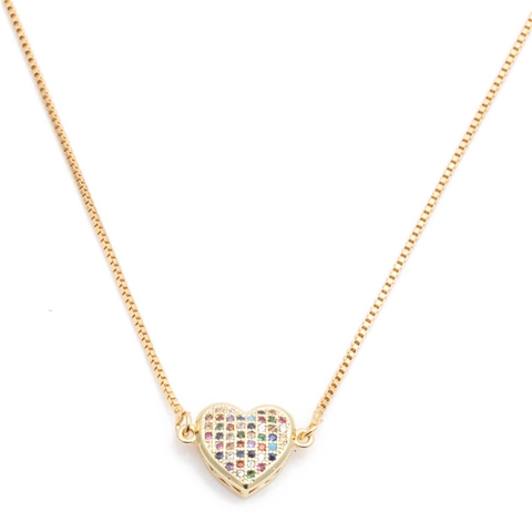 Collar Con Colgante De Corazón Cobre Circón Colorido Micro Incrustación Cadena De Caja Joyería De Moda Para Mujer