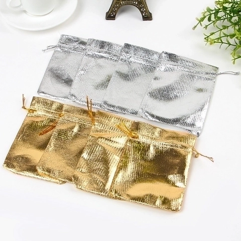 Luxurious Metallic Fabric Drawstring Jewelry Pouch Gold Silver Small Gift Packaging Bag For Wedding Party Favors Storage Bags