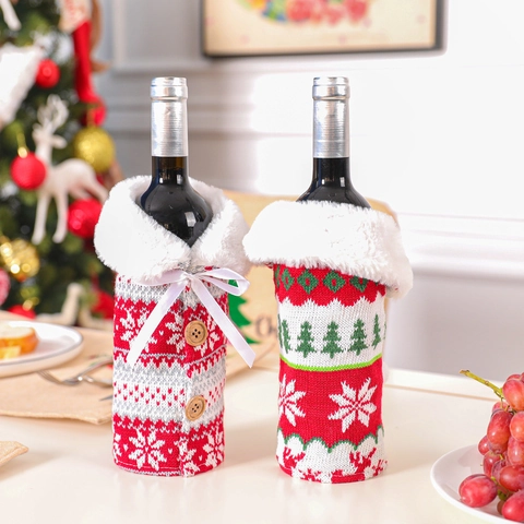 Funda Para Botella De Vino De Navidad Suéter De Punto Cuello De Piel Sintética Reno Copo De Nieve Decoración De Mesa
