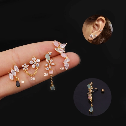 Bloem Waterdruppel Zirkonia Helix Piercing Studs Roestvrijstalen Schroefdraad Sieraden Voor Dames