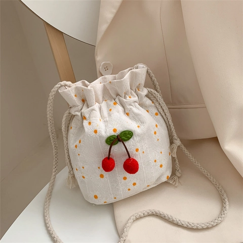 Canvas Bucket Bag Drawstring Shoulder Crossbody 3D Cherry Daisy Floral Print Retro Woven Strap