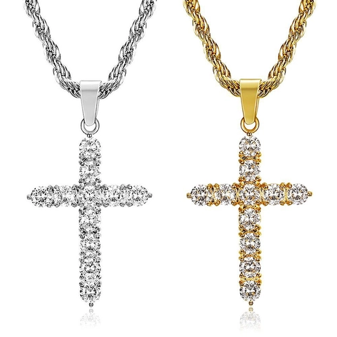 Collana Con Ciondolo A Croce Hip Hop Acciaio Inossidabile Placcato Oro Zirconia Cubica Gioielli Uomo Donna