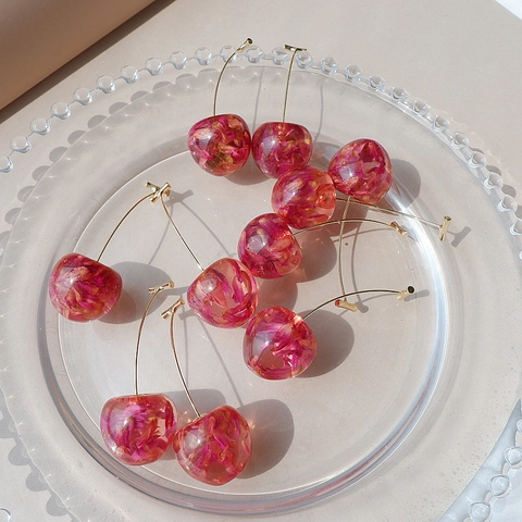 Cherry Drop Earrings Resin With Dried Flowers Steel Earring Post And Alloy Gold Plated Hook Sweet Summer Fruit Style Fashion