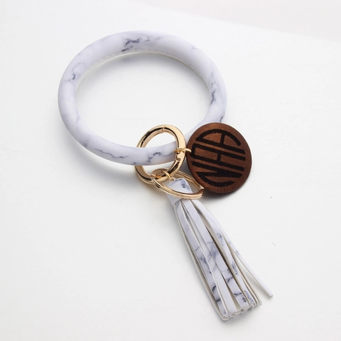 Llavero de Pulsera de Cuero PU Con Borla y Dije Redondo de Madera Estampado de Leopardo Mármol Llavero para Mujer