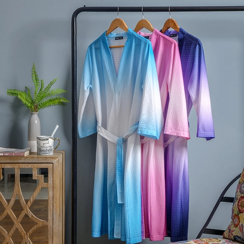 Albornoz De Tejido De Gofre Degradado Absorbente Transpirable Cuello En V Manga Larga Ropa De Dormir Para Parejas Mujeres Hombres