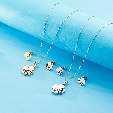 Stainless Steel Necklace And Earrings Four Leaf Clover Cutout Mae Engraved Mother Gift Elegant Jewelry For Women
