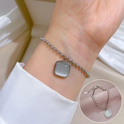Vintage Square Cat Eye Stone Bead Chain Bracelet Titanium Steel Adjustable Elegant Jewelry For Women