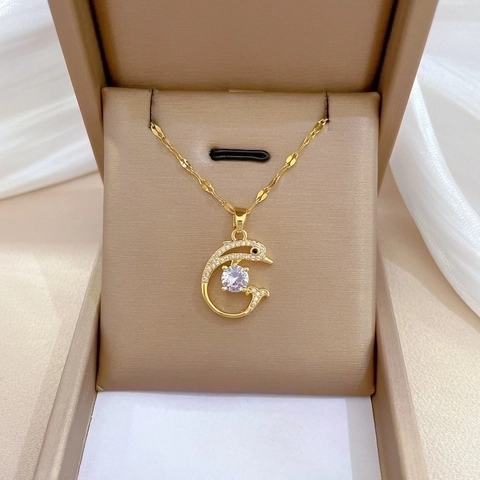 Elegant Dolphin Pendant Necklace Stainless Steel Chain Copper Zircon Micro Pave Rhinestone Jewelry For Women
