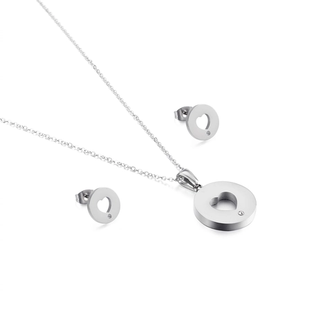 Stainless Steel Round Plate Hollow Heart Jewelry Set With Rhinestone Necklace And Stud Earrings For Valentine Gift Women