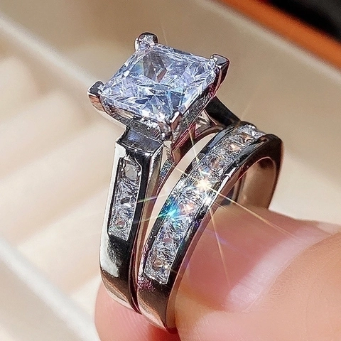 Princess Cut Zircon Engagement Ring And Wedding Band Copper Women Luxury Square Jewelry Radiant