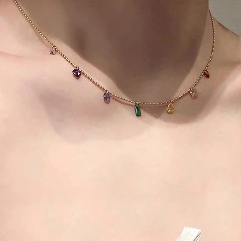 Collar Con Colgante De Circón Colorido Geométrico Cadena De Bolas De Cobre Chapada En Oro Retro Elegante Moda Para Mujer